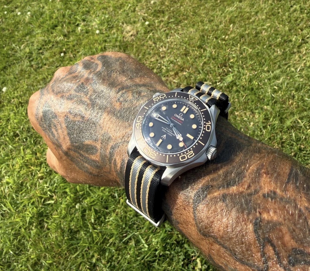 Omega Seamaster NTTD VSF V7 на текстильном ремешке при солнечном свете