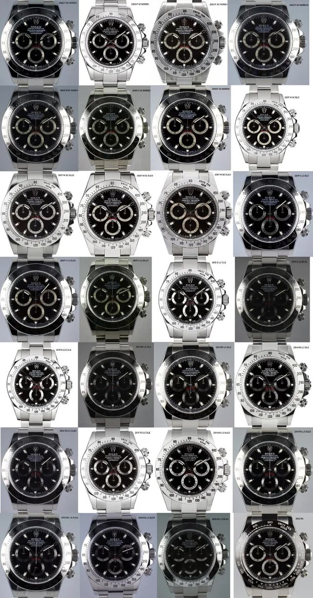 Варианты циферблатов и безелей Rolex Daytona 116520 разных лет