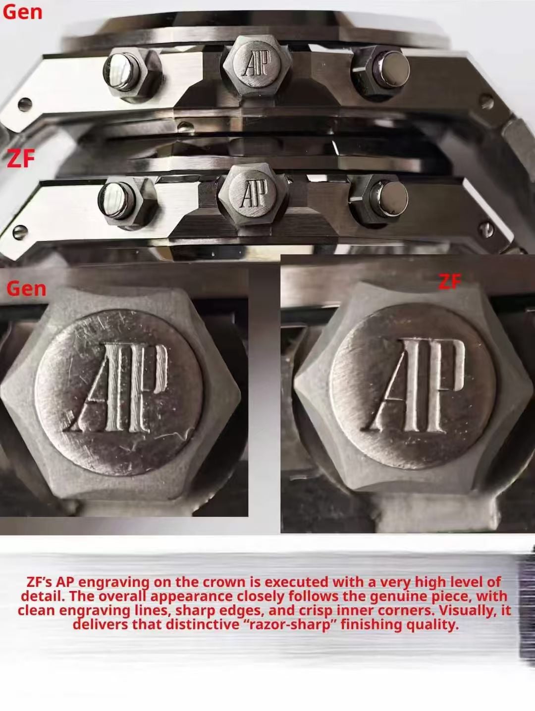 Заводная головка и кнопки Audemars Piguet 26240 ZF и оригинала