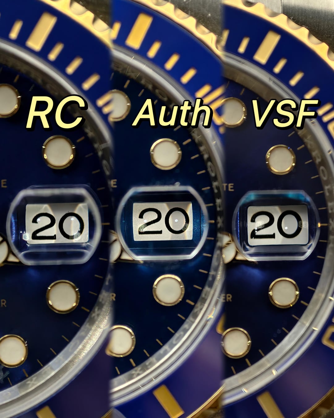 Сравнение даты и циклопа Rolex Submariner 116613LB RC, оригинала и VSF