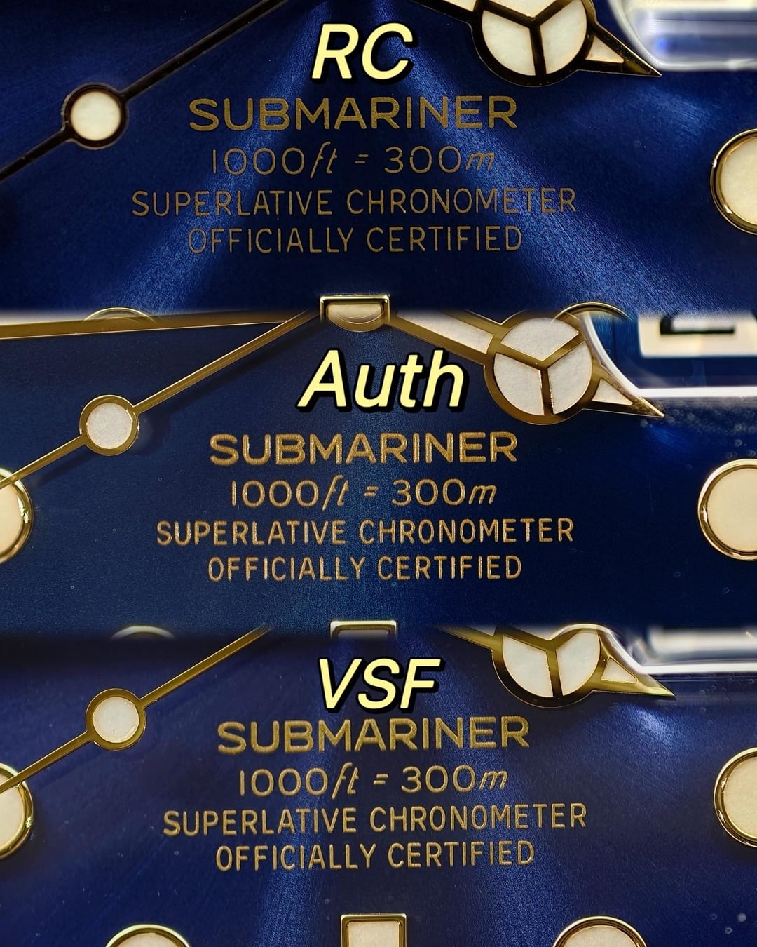 Надписи на циферблатах Submariner 116613LB RC, VSF и оригинала