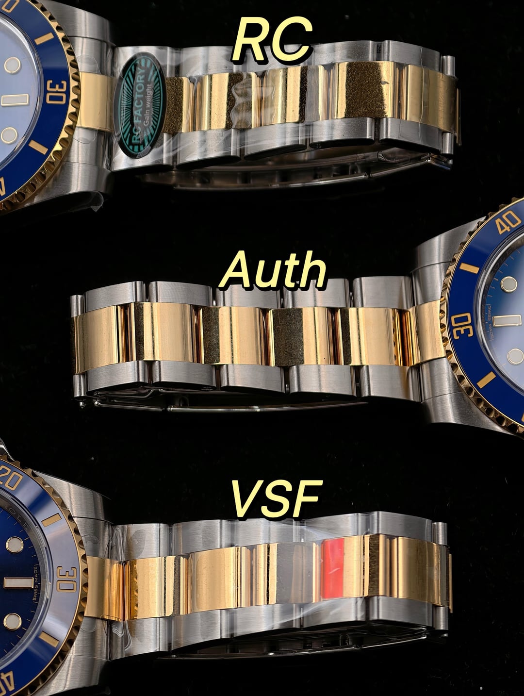 Центральные звенья браслета Rolex Submariner 116613LB RC, оригинала и VSF