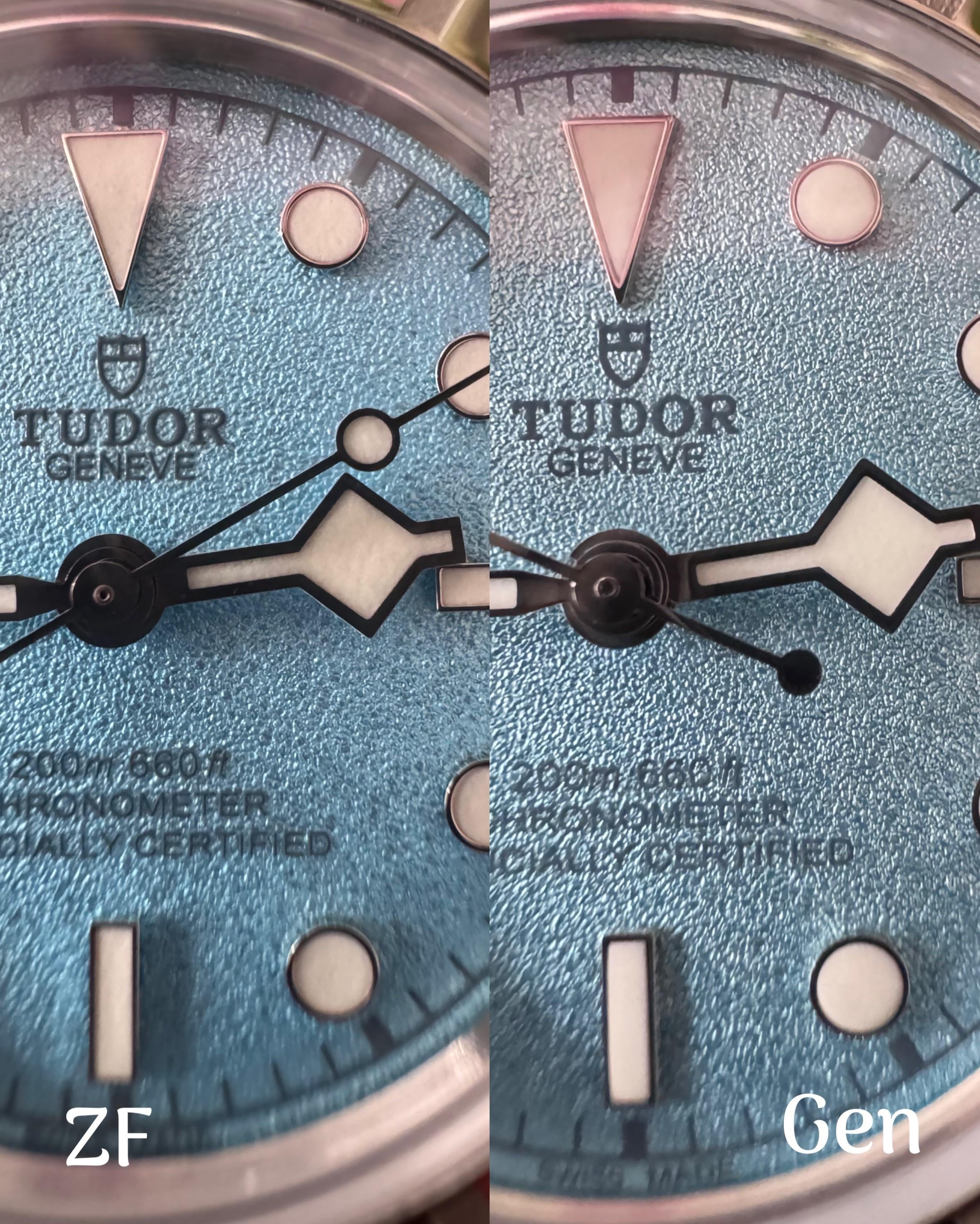 Циферблаты Tudor Black Bay 54 Lagoon Blue ZF и оригинала крупным планом